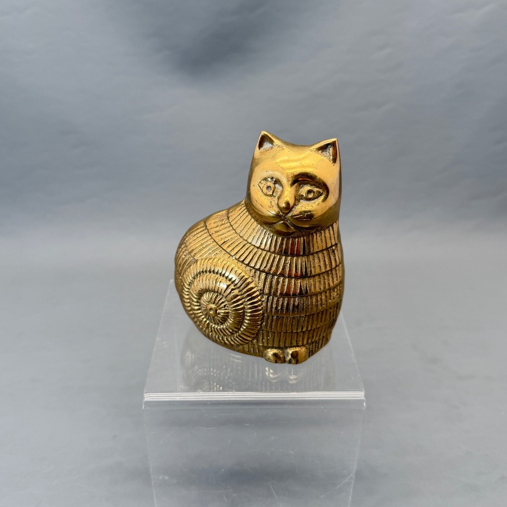 Vintage Solid Brass Cat Kitten Sitting Figurine Paperweight Unpolished 4.25"Tall